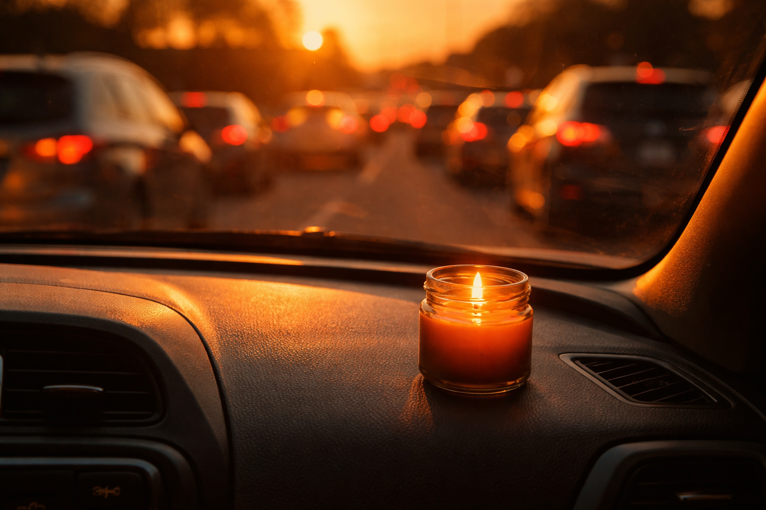 candle et coucher de soleil en voiture