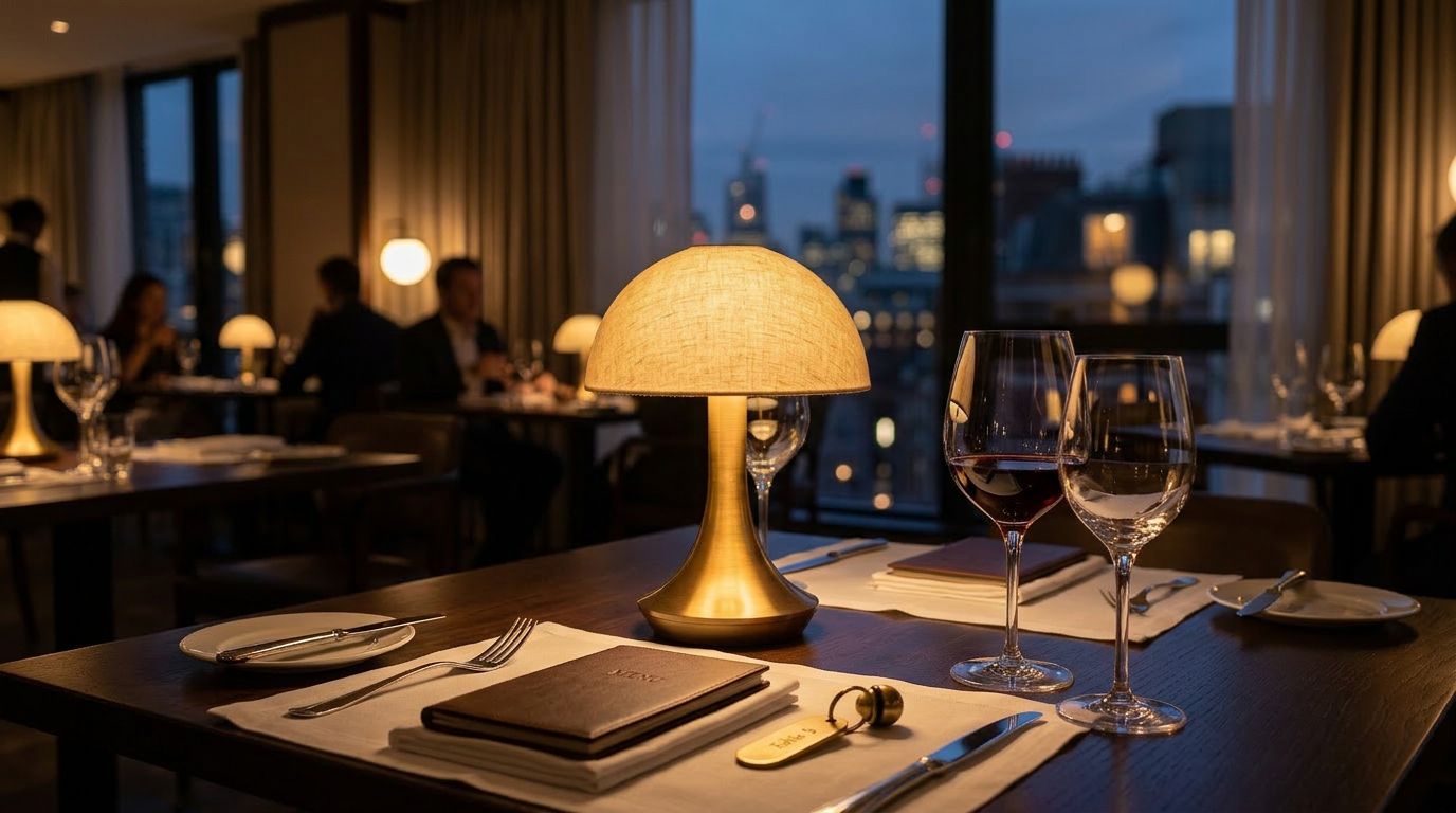 Table for two with glowing lamp, wine glasses, menu, and city skyline in background at dusk