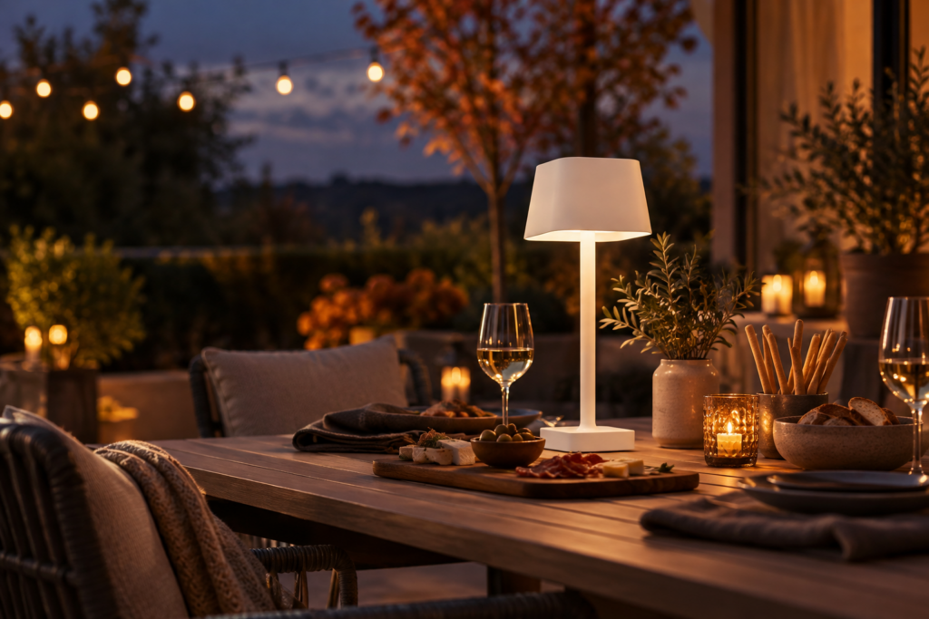 Lampe Ava sans fil sur une table dressée pour un apéro entre amis