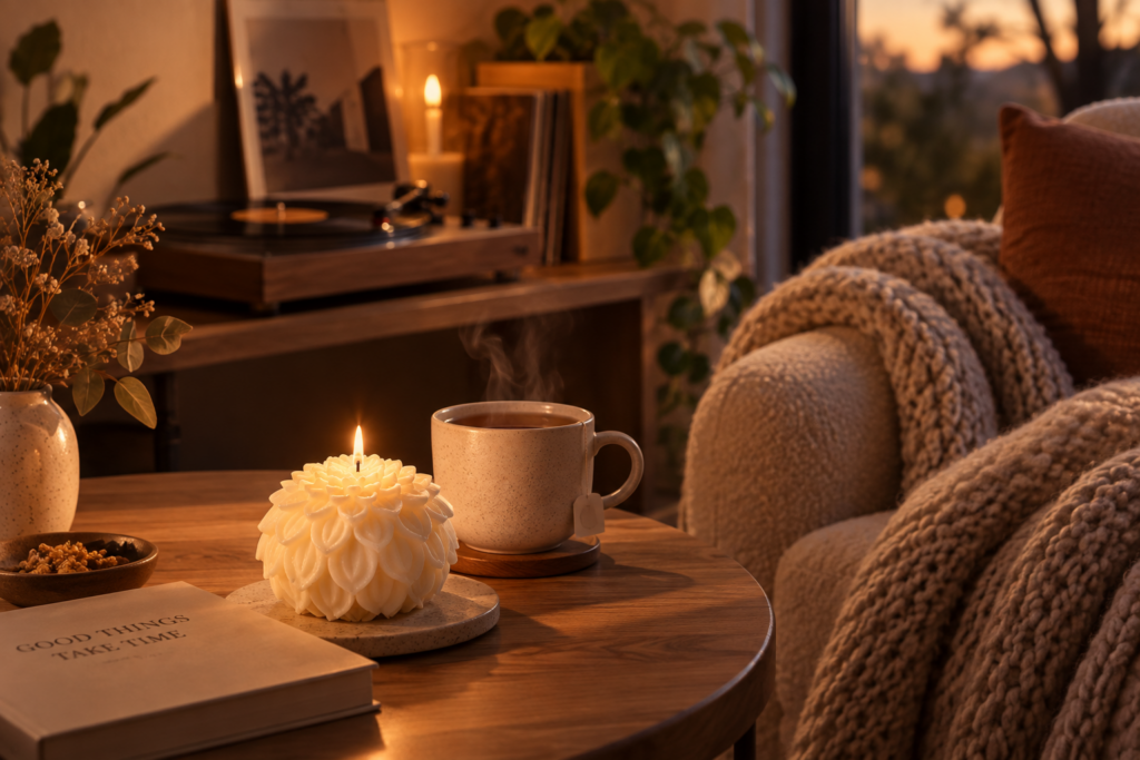 Bougie Dahlia artisanale dans une ambiance chaleureuse après le travail