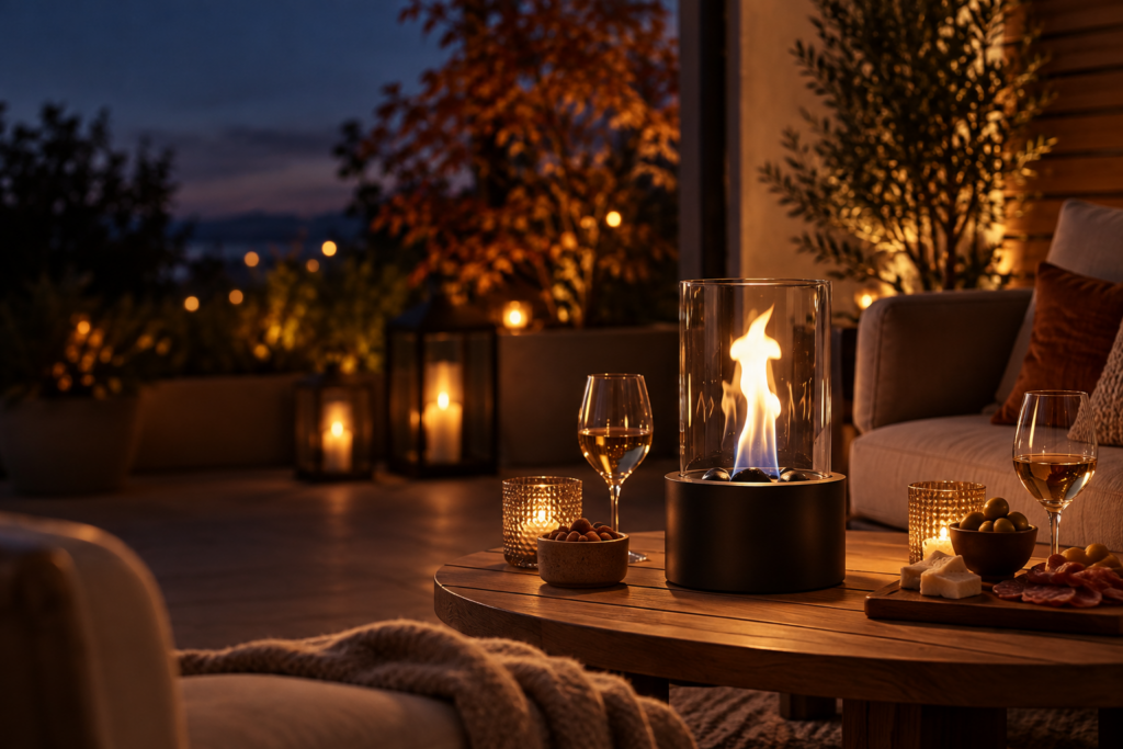 Cheminée de table allumée sur une terrasse au coucher du soleil