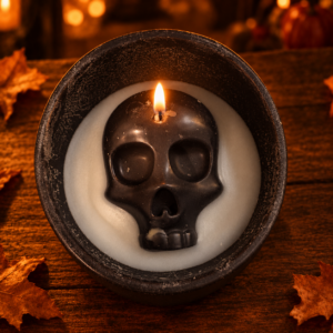 Bougie Crâne en Pot Noir Halloween artisanale allumée