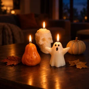 Trio de bougies Halloween : fantôme, crâne et citrouille, allumées sur une table en bois