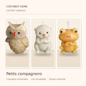 Présentation du coffret Cosynest animaux petits compagnons, assemblage des photographies des bougies individuelles contenues dans l'offre