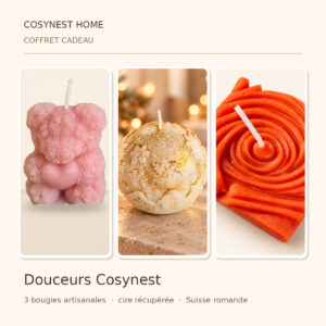 Photomontage fidèle au contenu du coffret Cosynest coffret douceurs cosynest, présentation des bougies individuelles