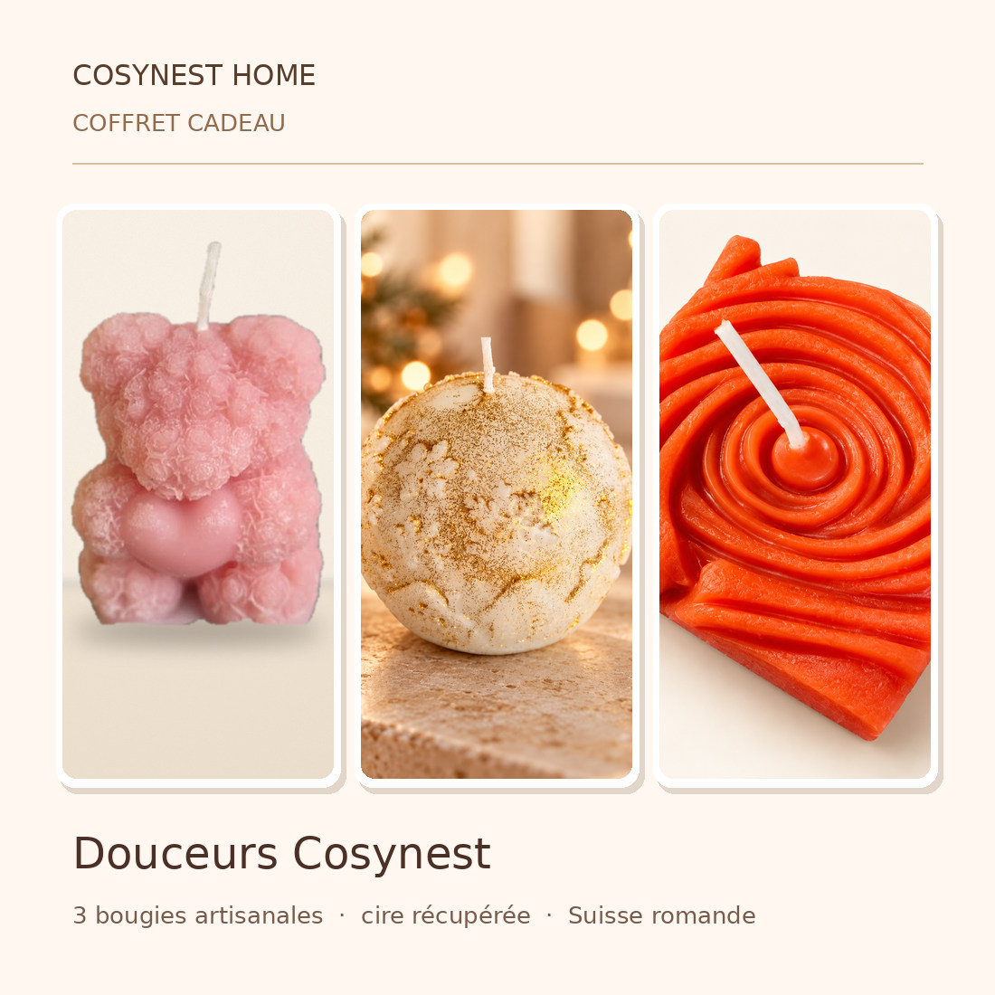 Photomontage fidèle au contenu du coffret Cosynest coffret douceurs cosynest, présentation des bougies individuelles