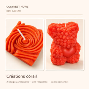 Photomontage fidèle au contenu du coffret Cosynest duo creations corail, présentation des bougies individuelles
