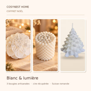 Présentation du coffret Cosynest noel blanc lumiere, assemblage des photographies des bougies individuelles contenues dans l'offre