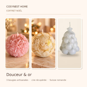 Présentation du coffret Cosynest noel douceur or, assemblage des photographies des bougies individuelles contenues dans l'offre