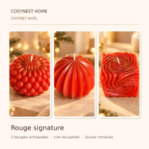Présentation du coffret Cosynest noel rouge signature, assemblage des photographies des bougies individuelles contenues dans l'offre
