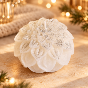 Bougie de Noël Cosynest Home référence N1 photographiée sur table beige, décor chaleureux avec lumières floues