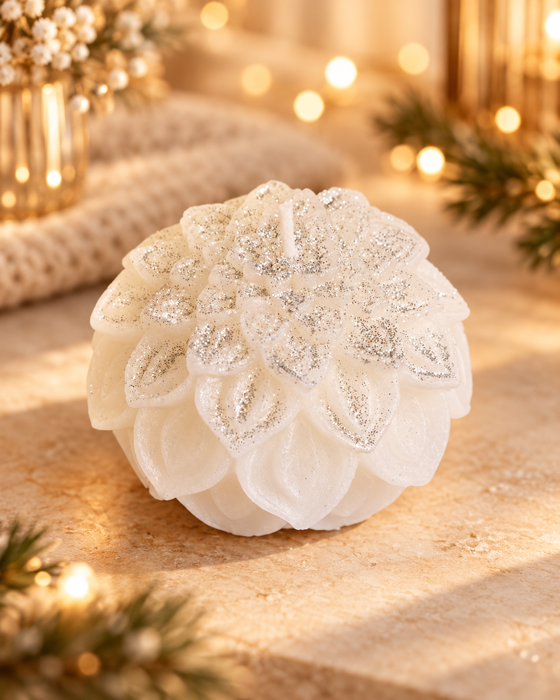 Bougie de Noël Cosynest Home référence N1 photographiée sur table beige, décor chaleureux avec lumières floues