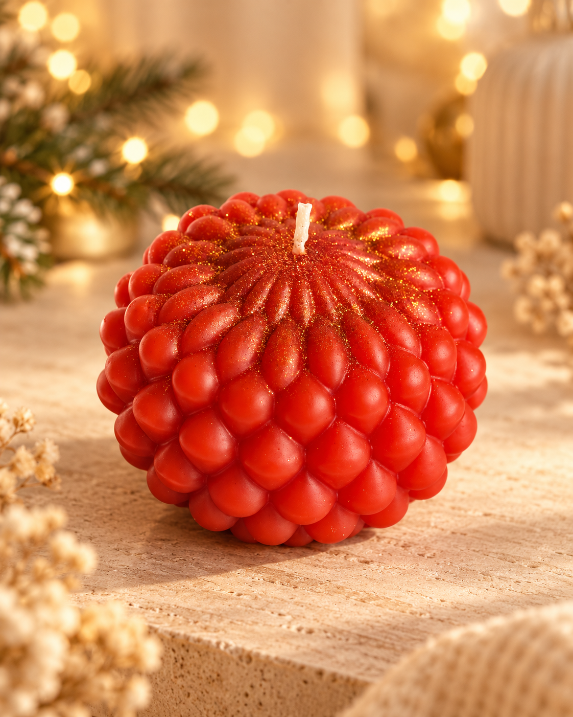 Bougie de Noël Cosynest Home référence N2 photographiée sur table beige, décor chaleureux avec lumières floues