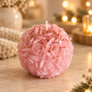 Bougie de Noël Cosynest Home référence N3 photographiée sur table beige, décor chaleureux avec lumières floues