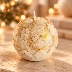 Bougie de Noël Cosynest Home référence N5 sur une table beige dans une ambiance chaleureuse aux lumières floues